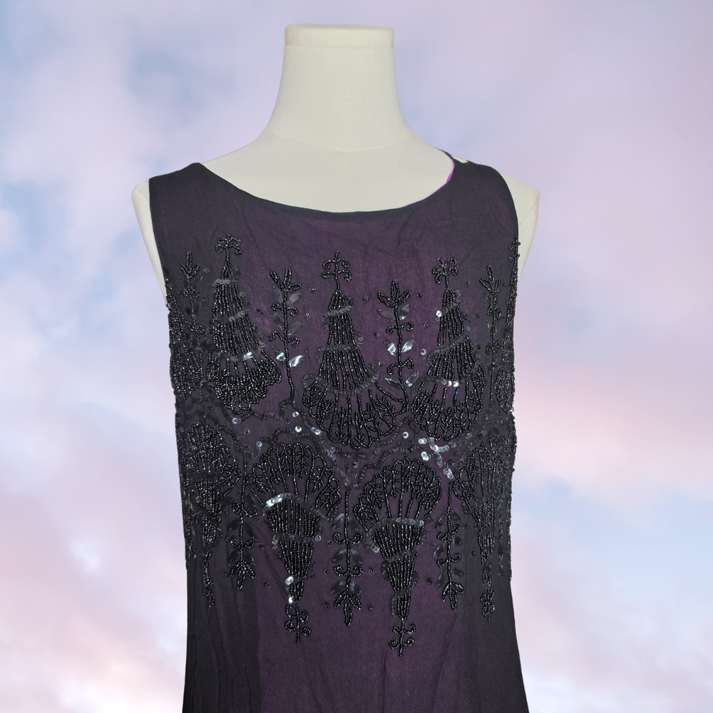 Vintage Nostalgia Black Purple Beaded Sequins Strappy Boho Rayon Maxi Dress L - Picture 2 of 9